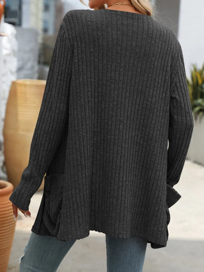 Autumn and winter new solid color pit stripe brushed pocket cardigan long sleeved jacket for women