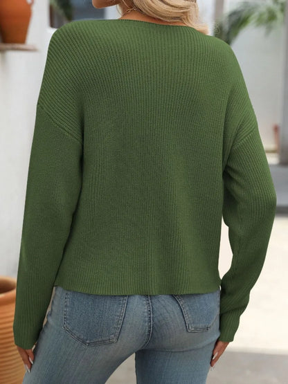 Ladies' round neck pocket decorative top long sleeved sweater