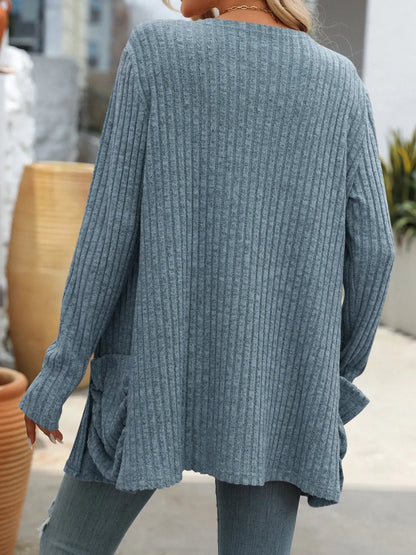 Autumn and winter new solid color pit stripe brushed pocket cardigan long sleeved jacket for women